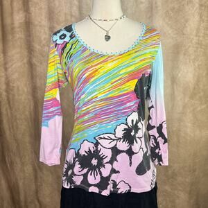 Vintage Y2K Striped Floral Beaded Top Shirt Multicolor Rainbow 3/4 Sleeve Boho